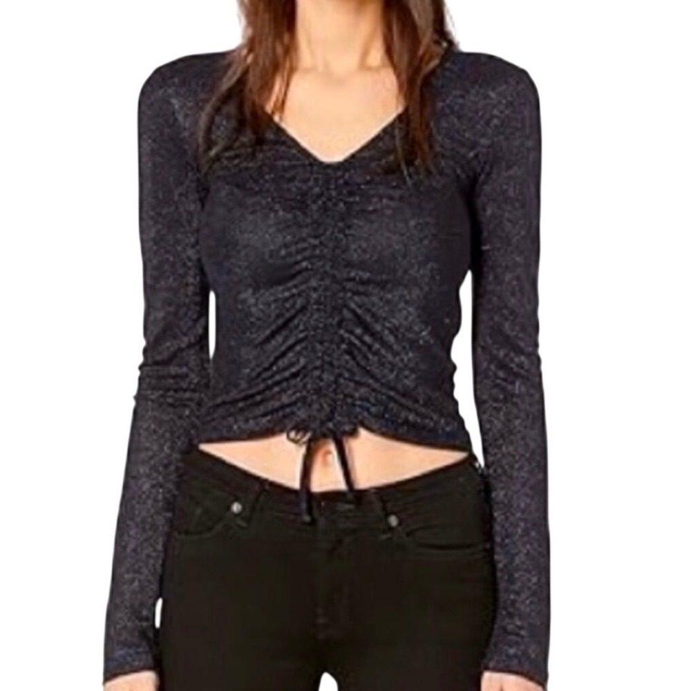 AllSaints Navy Rina Glitz LS Long Sleeve Top Shimmer Ruched | Size S